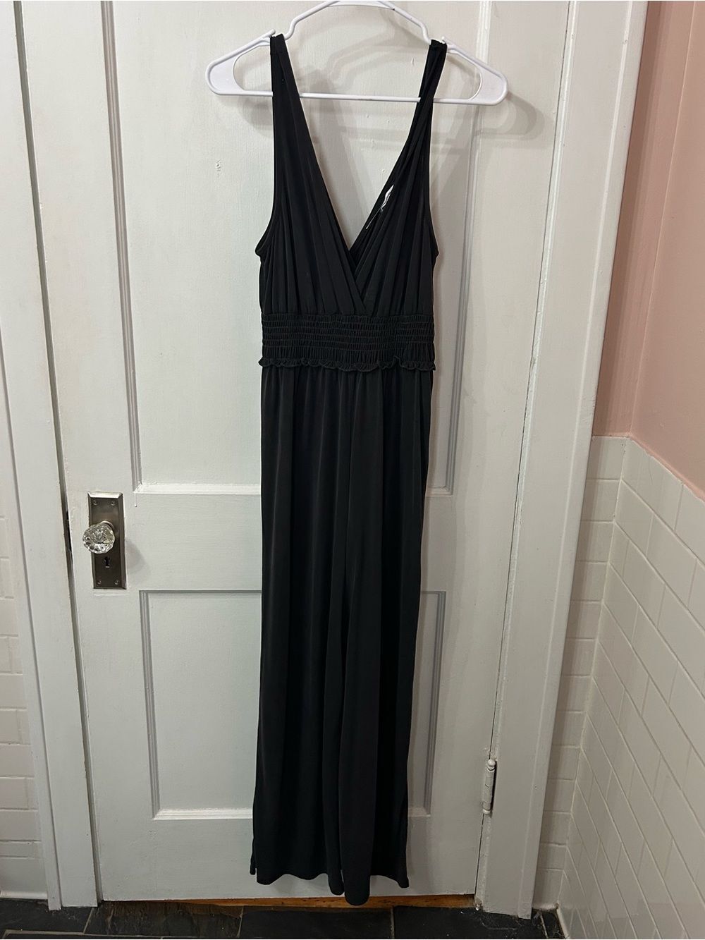 Urban Outfitters Charcoal Deep V Smocked-Waist Jumpsuit